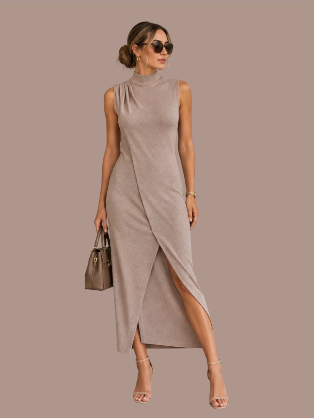 Zara Taupe Knit Midi Dress Draped Mock Neck Asymmetrical Size S